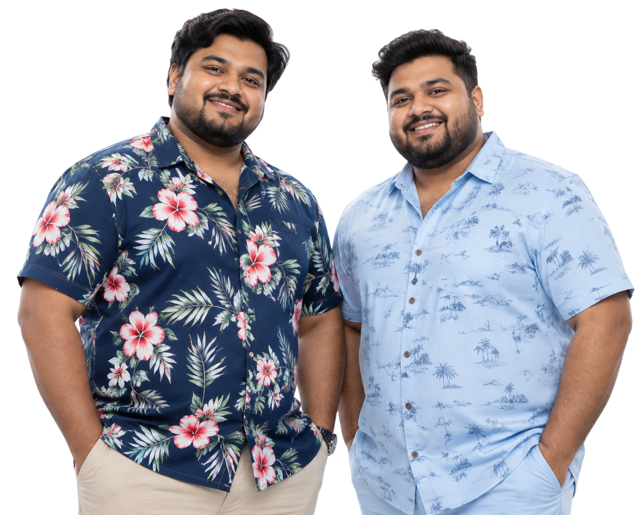 Two plus-size models wearing printed short-sleeve shirts