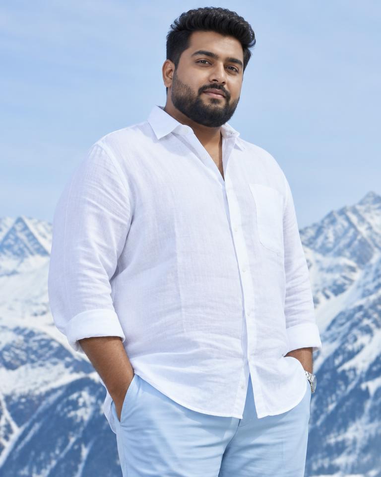 Model wearing an illustrative linen shirts style in a plus size